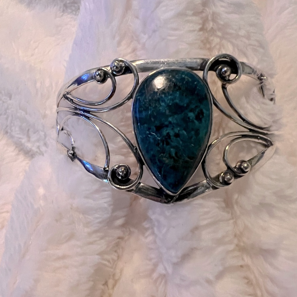 Sale Firm***Chrysocolla Natural Blue Stone .925 Silver Cuff